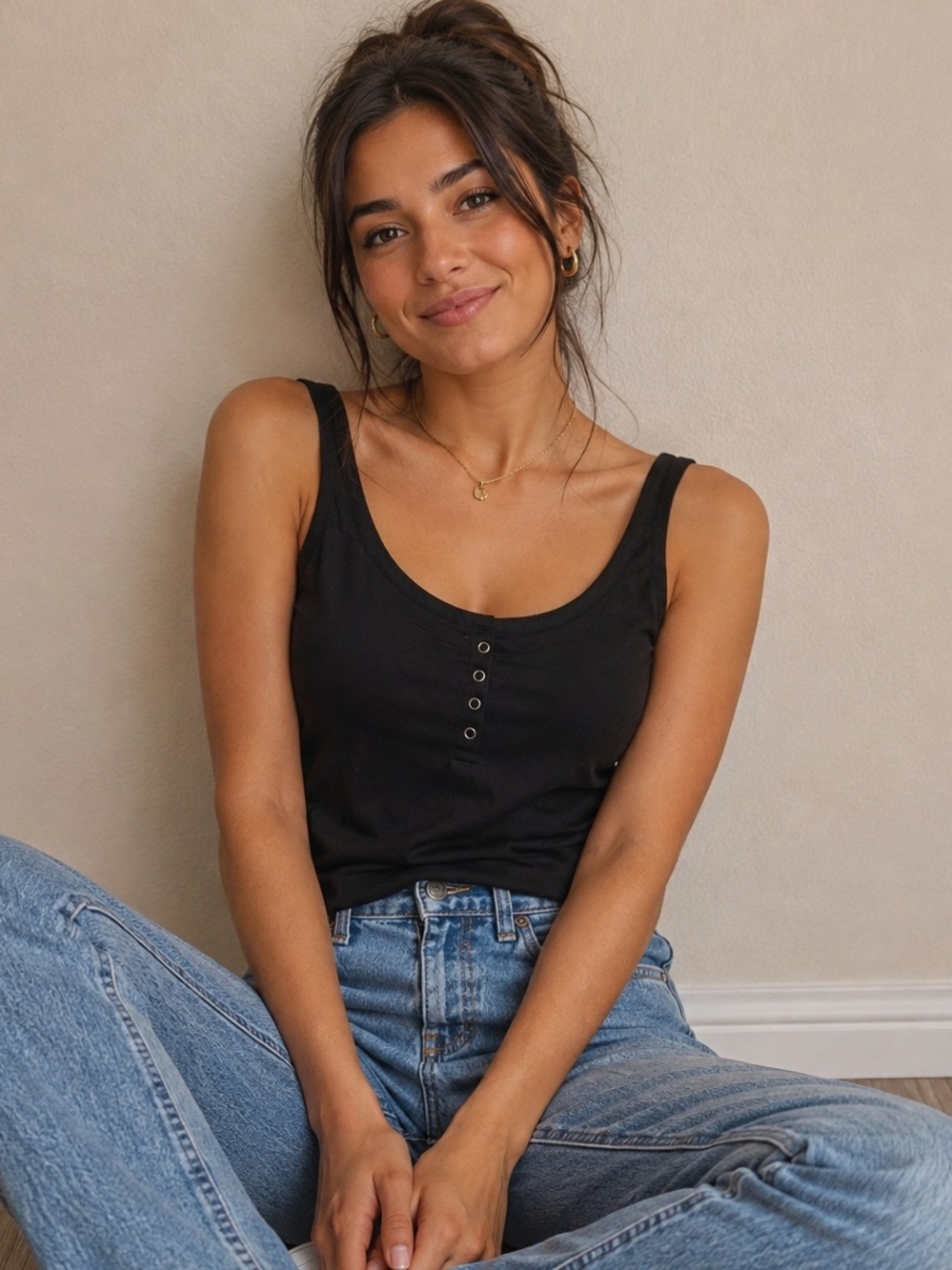 OP Black Scoop Neck Henley Tank Top